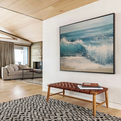Blue, White and Beige Crashing Wave "Splash of Serenity" Painting On Canvas HB0670