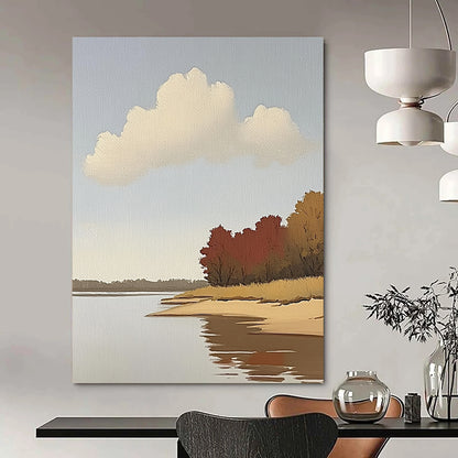Contemporary hand-painted abstract art featuring a serene river, autumn trees, and light colors on a large canvas, showcasing clear brush strokes and minimalism. DLZ1098