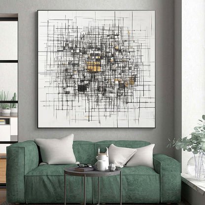 Black, White, Gray, Gold, Triangular Mosaic "Gilded Geometric Puzzle" Abstract Cubist - Inspired Painting On Canvas HB127