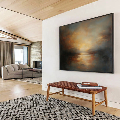 “Rustic Lake at Dusk” - Browns, Oranges, Yellows, Greys, Lake Sunset - Abstract Oil Painting HB1574