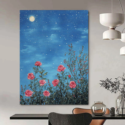 Contemporary abstract art featuring pink roses under starry skies detailed in soft pastels with a vintage touch and intricate lace design. DLZ1254