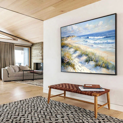 Blue, White, Yellow and Green Beach Landscape "Coastal Calm" Painting On Canvas HB0662