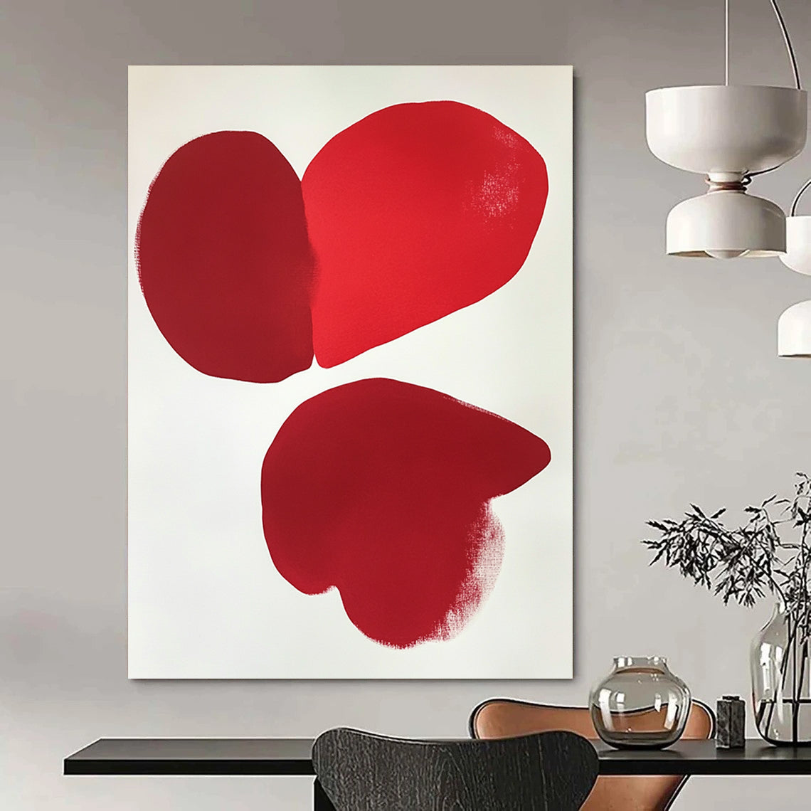 Contemporary hand-painted abstract art featuring two red hearts on a minimalistic white background inspired by Eric Carle and Jean Arp. DLZ1720