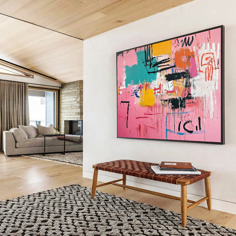 “Pink Abstract with Drips” - Pink, Colorful Shapes, Black Drips, Text - Painting On Canvas HB1434