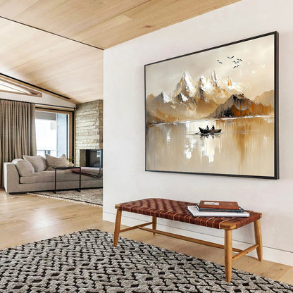 “Mountain Serenity” - Warm beiges, whites, browns; Snow - capped peaks, lake, rowboat, birds; Minimalist Landscape Painting On Canvas HB1147