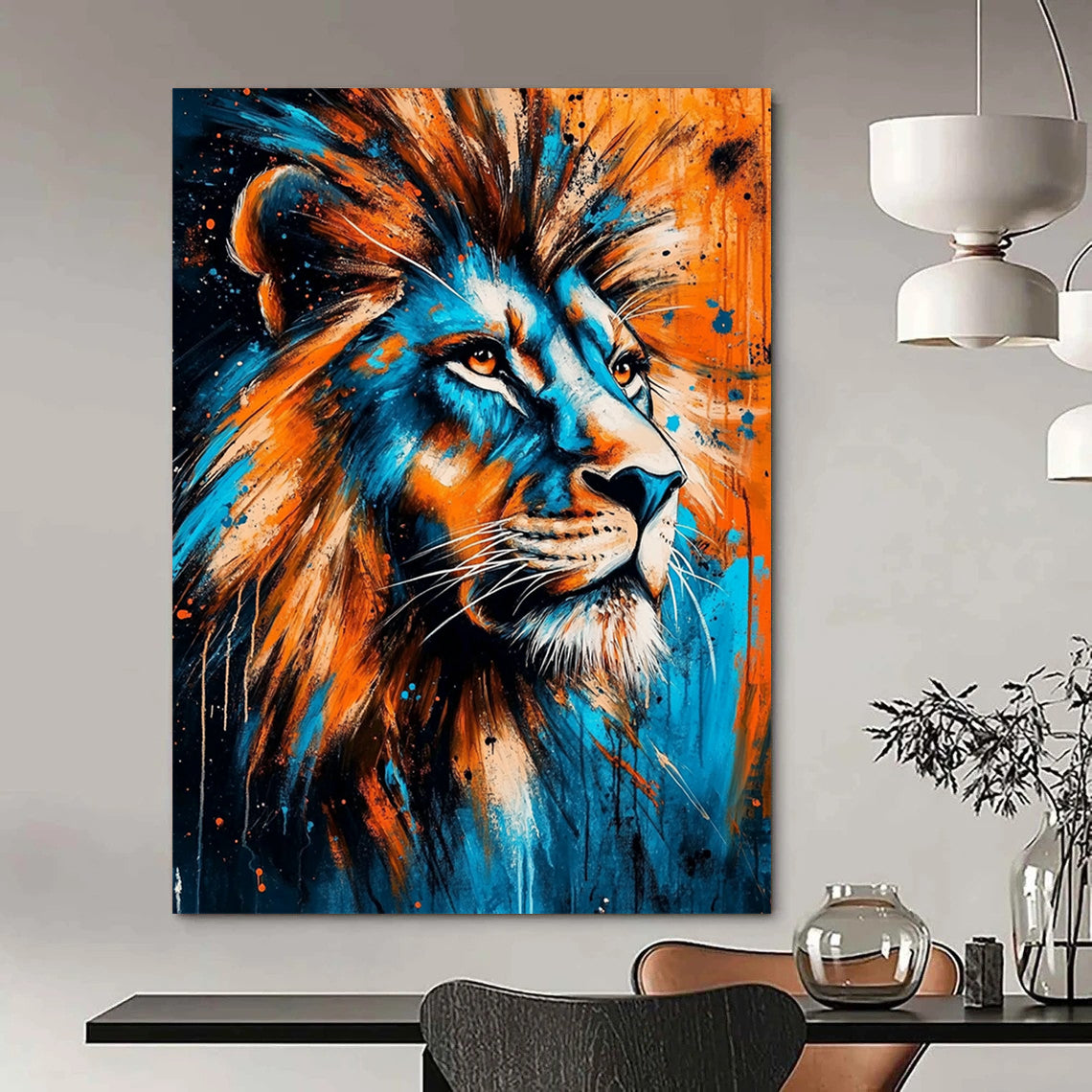 Contemporary abstract painting featuring a lion with piercing eyes in vibrant blue and orange symbolizing strength and the wild beauty of nature. DLZ1303