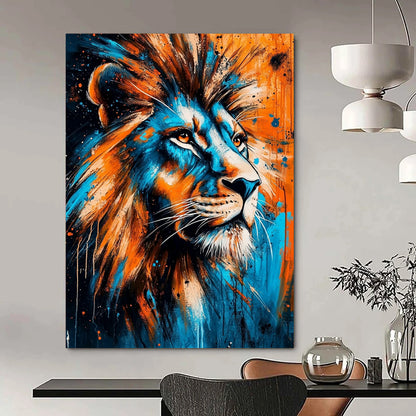 Contemporary abstract painting featuring a lion with piercing eyes in vibrant blue and orange symbolizing strength and the wild beauty of nature. DLZ1303