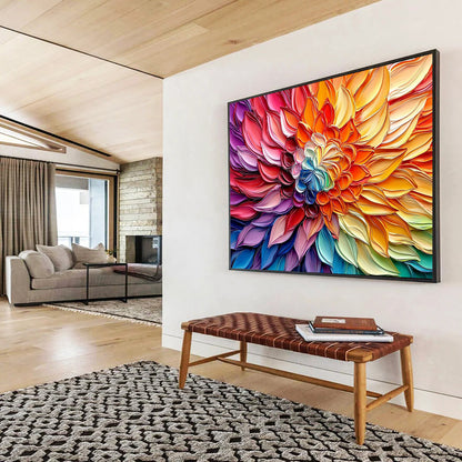 “Textured Rainbow Flower” - Multicolor, Textured Flower Painting On Canvas HB0745
