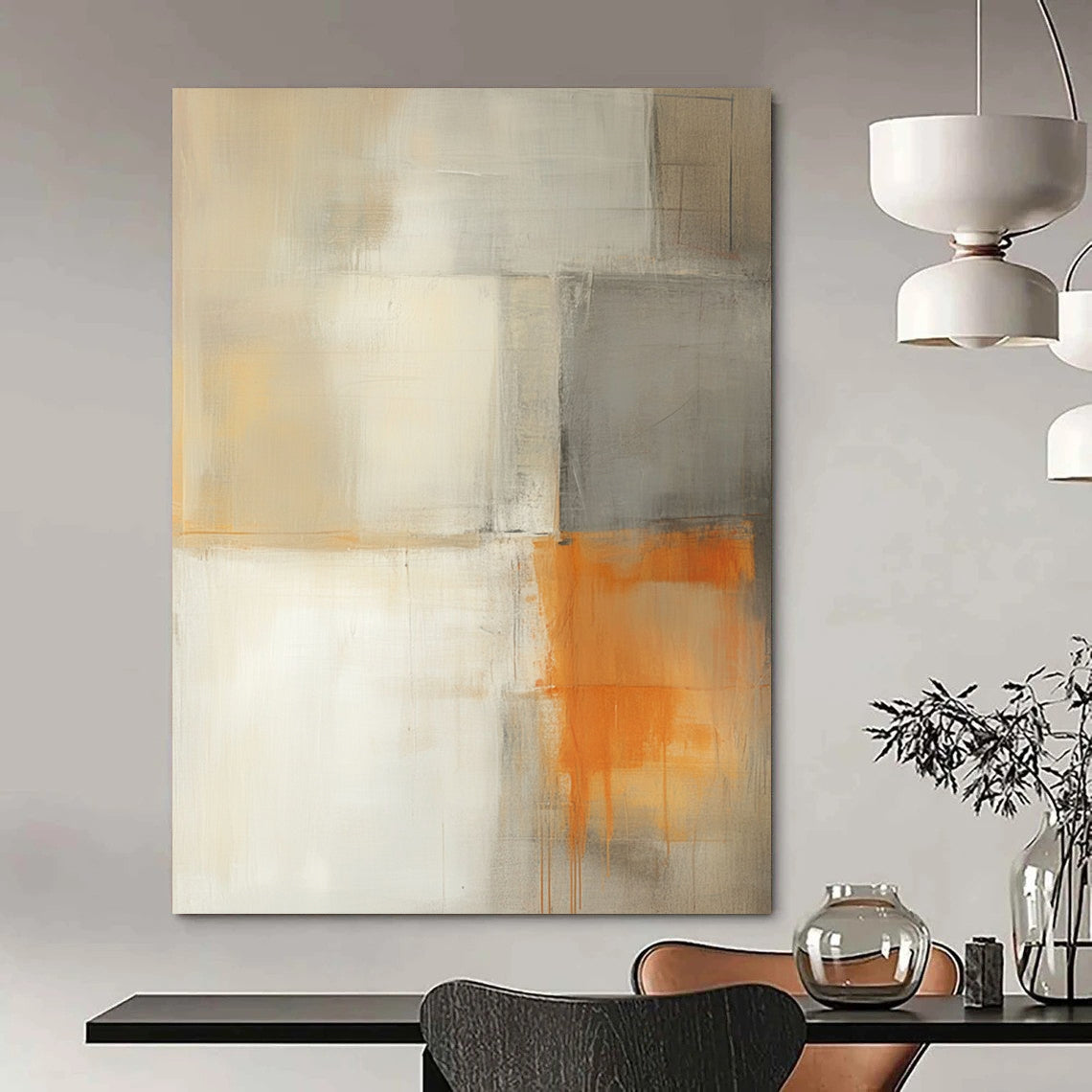 Contemporary hand-painted abstract artwork featuring light gray white and orange hues with a minimalistic building and soft shadows for a tranquil atmosphere. DLZ0986
