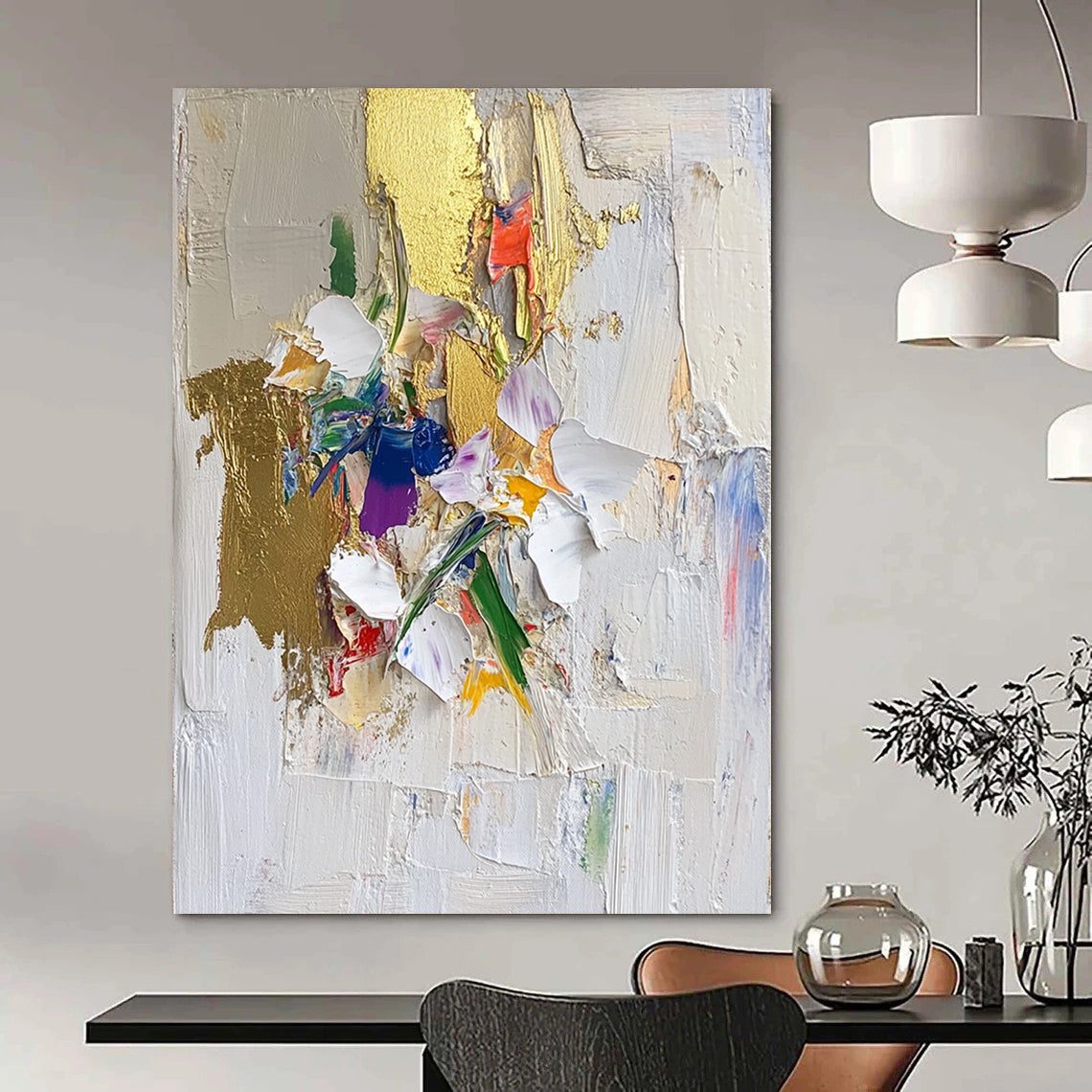 Contemporary abstract art featuring textured brushstrokes gold leaf accents floral motifs on a white backdrop with a collage-style composition. DLZ0635