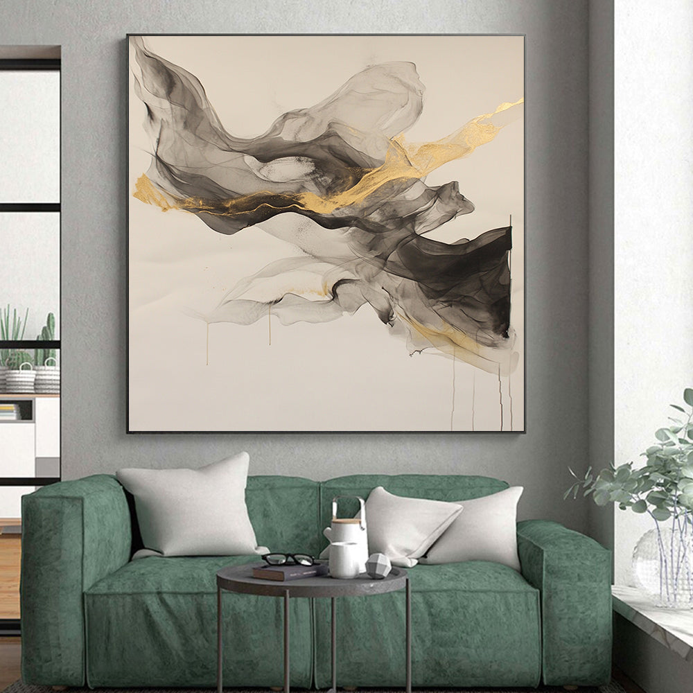 Beige, Gray, Gold, Flowing Shapes "Graceful Drift" Abstract Painting On Canvas HB026