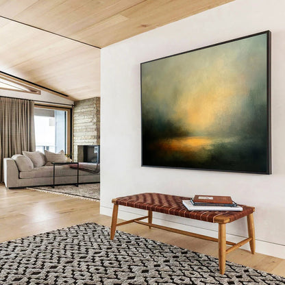 “Ethereal Lake at Sunset” - Greys, Oranges, Yellows, Foggy Sunset Lake - Abstract Oil Painting HB1571