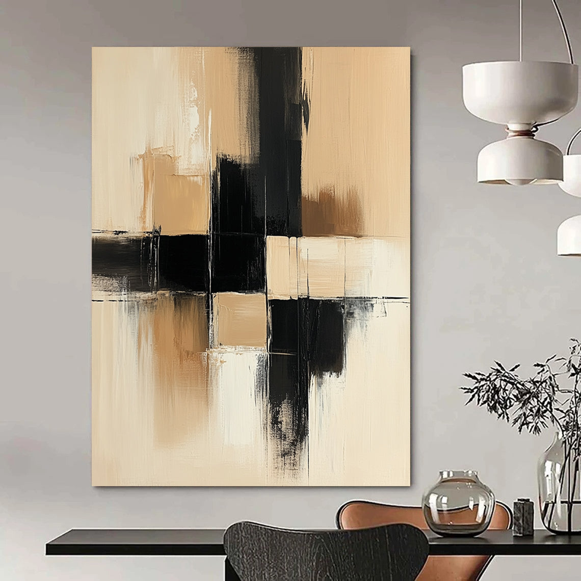 Contemporary hand-painted abstract art featuring thick brush strokes in a beige and black palette with large geometric shapes on a neutral canvas texture. DLZ0549