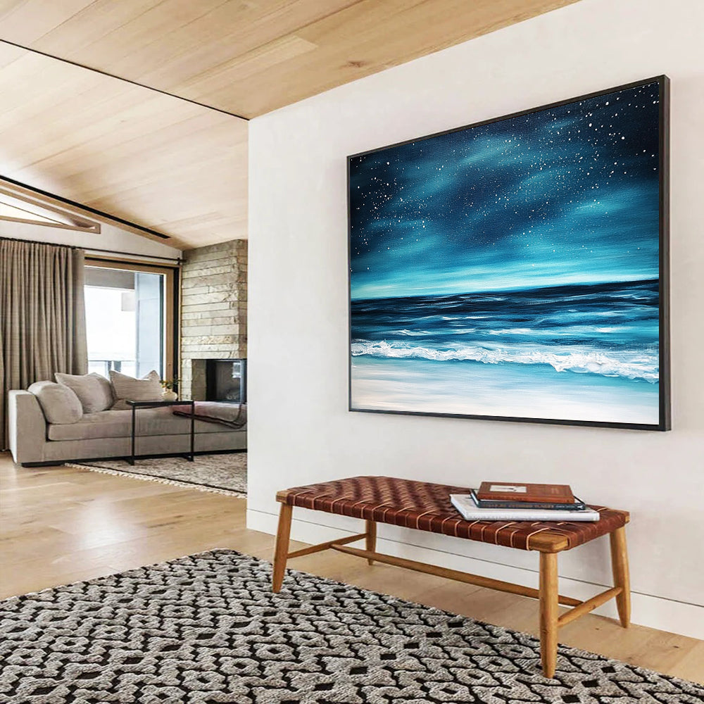 “Midnight Ocean Beach” - Deep Blues, Blacks, Whites, Beach Under a Star - Filled Sky - Impasto Oil Painting HB1743