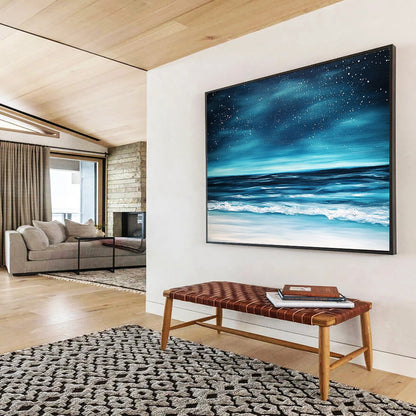 “Midnight Ocean Beach” - Deep Blues, Blacks, Whites, Beach Under a Star - Filled Sky - Impasto Oil Painting HB1743