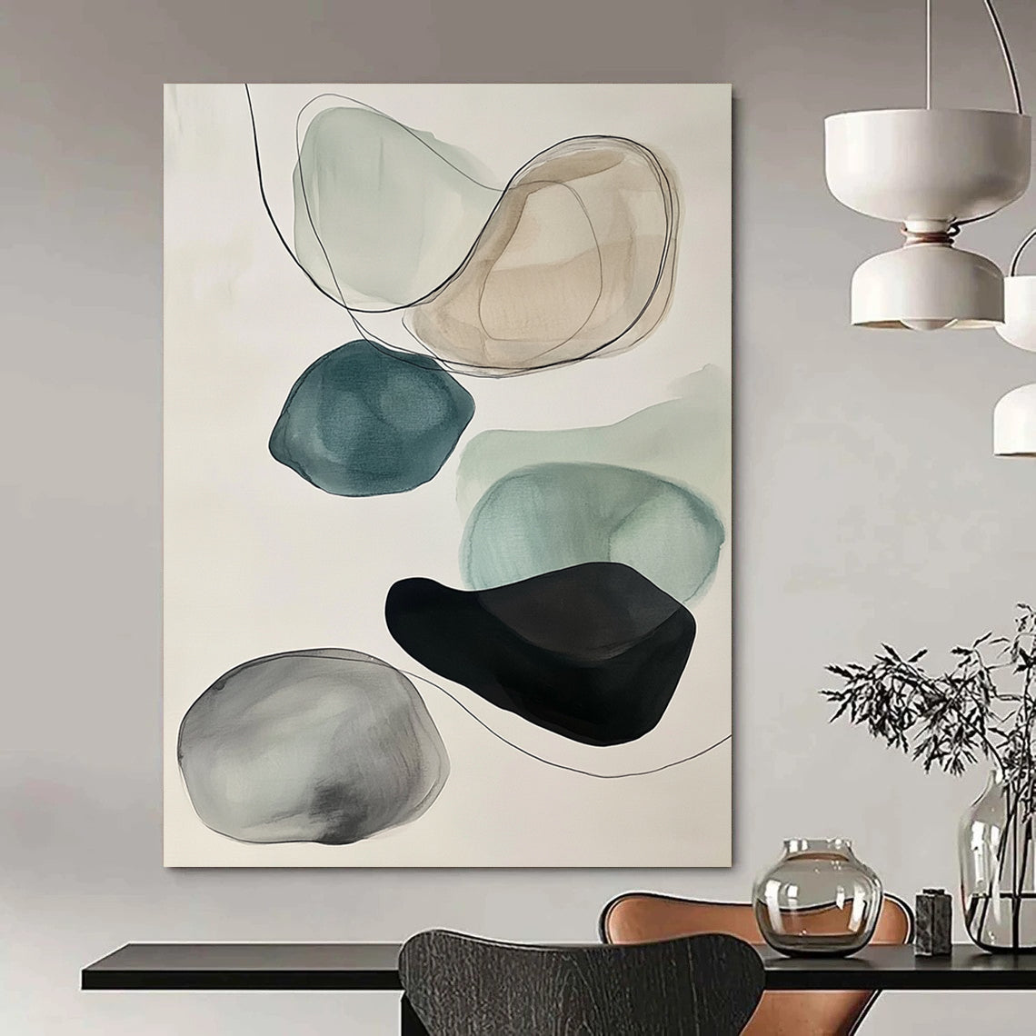 Contemporary abstract art featuring muted colors, black ink outlines, floating rocks in gray and teal on a white background. DLZ0796