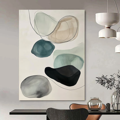 Contemporary abstract art featuring muted colors, black ink outlines, floating rocks in gray and teal on a white background. DLZ0796