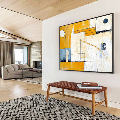 “Yellow - Blue Geometric Abstraction” - Yellow, Blue, White with Geometric Shapes - Abstract Acrylic Painting HB1352