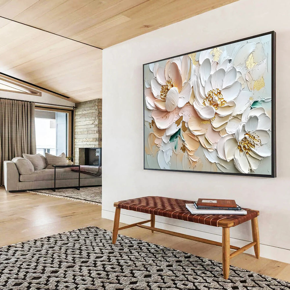 Blush and White Flowers with Gold Accents - Textured Floral Luxury Painting On Canvas HB0429
