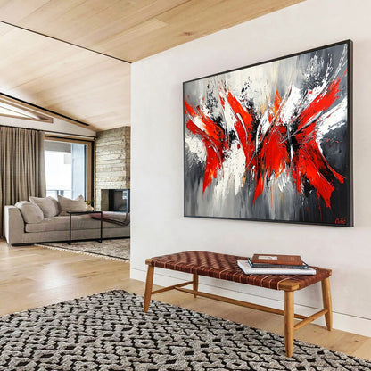 “Red & Gray Abstract Surge” - Bold reds, whites, grays, blacks; Dynamic abstract strokes; Abstract Expressionist Painting On Canvas HB1164
