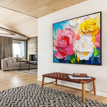 “Colorful Rose Impasto” - Pink, Yellow, White, Blue - 3D Rose Bouquet - Impasto Painting HB1302