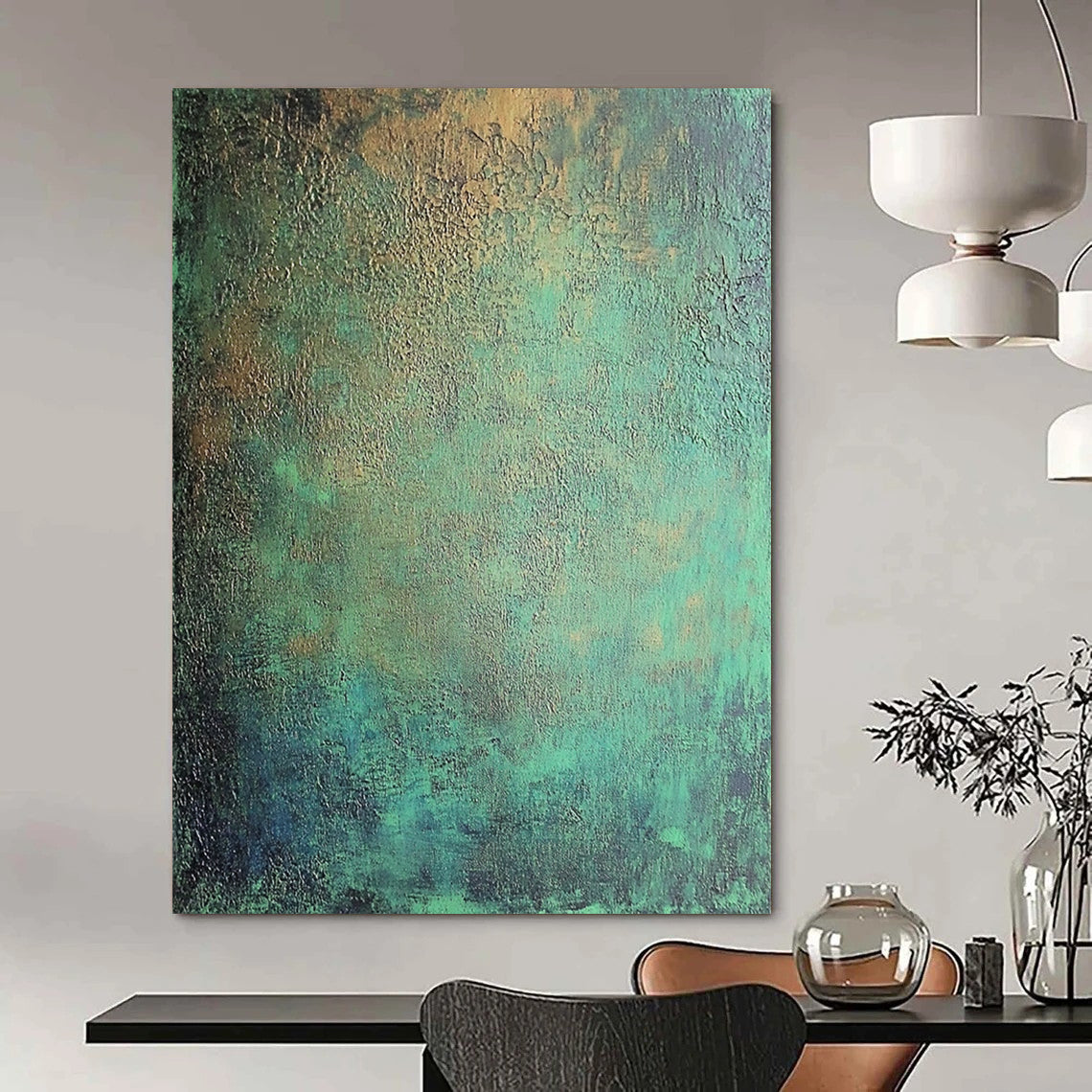 Contemporary hand-painted abstract art features intricate textures of dark green and blue tones with metallic sheen and subtle red accents. DLZ1167