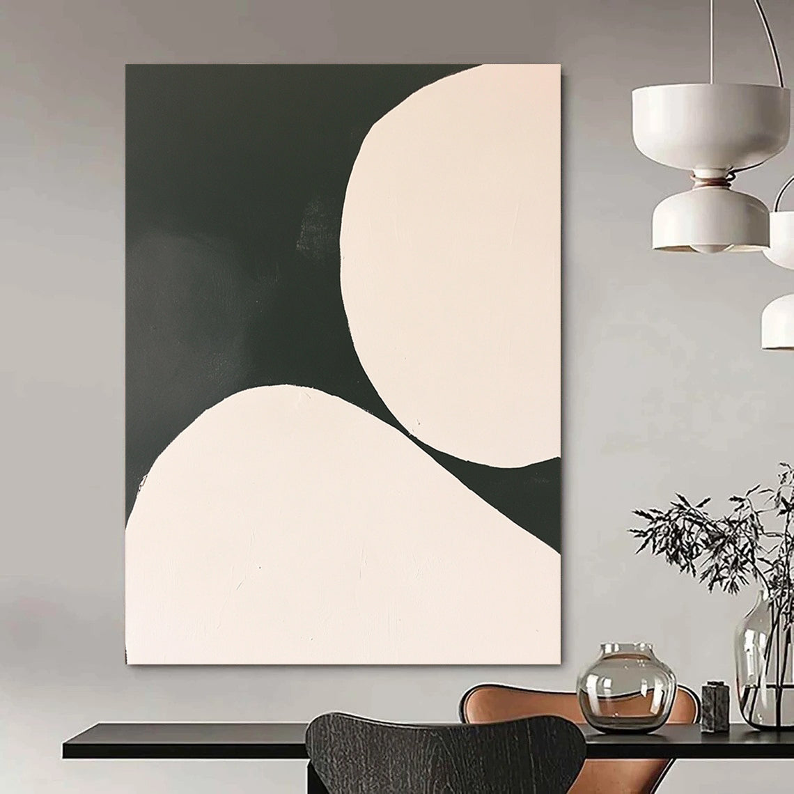 Contemporary abstract painting featuring white circles on a black background in a minimalist style inspired by Tarsila do Amaral. DLZ1753