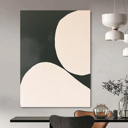 Contemporary abstract painting featuring white circles on a black background in a minimalist style inspired by Tarsila do Amaral. DLZ1753