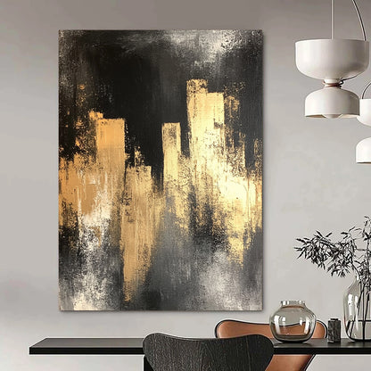 Contemporary hand-painted abstract art featuring a black silhouette of city lights with gold and silver hues on a distressed dark grey background. DLZ0901