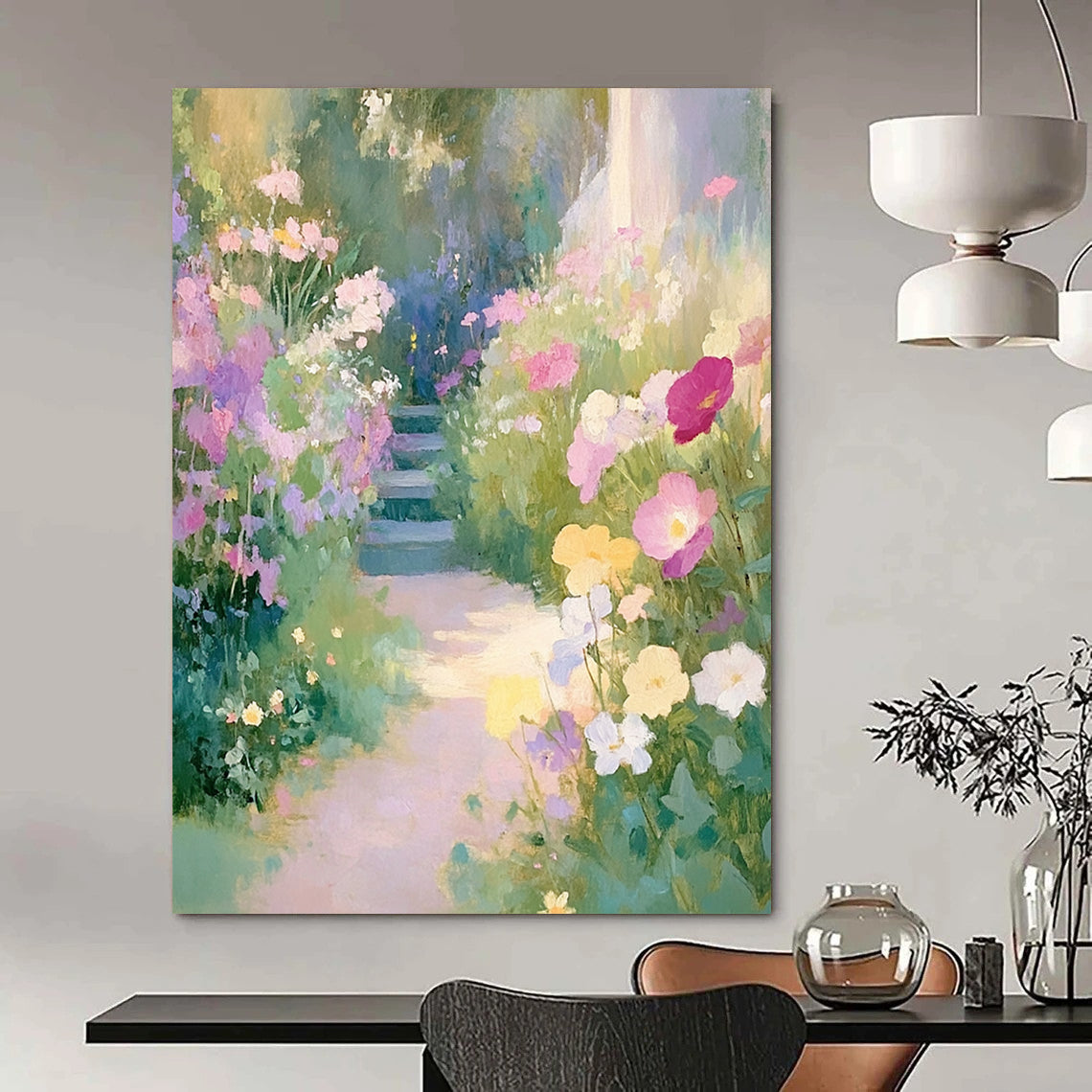 Contemporary hand-painted abstract art featuring an English garden with pastel wildflowers and a winding path leading to lush greenery. DLZ1502