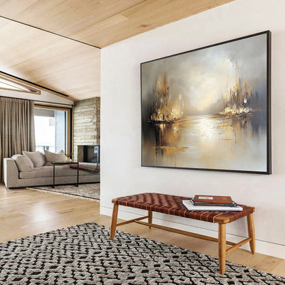 “Misty River with Golden Reflections” - Beige, Gold, Gray, Abstract Serene River Landscape Painting On Canvas HB1094