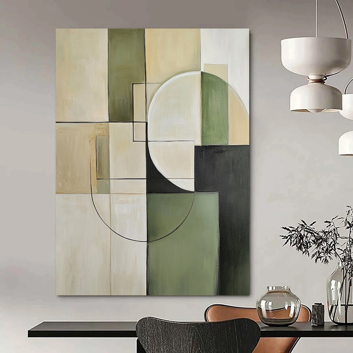 Contemporary hand-painted abstract artwork featuring minimalist beige and green tones with geometric squares and circles for a sophisticated aesthetic. DLZ0552