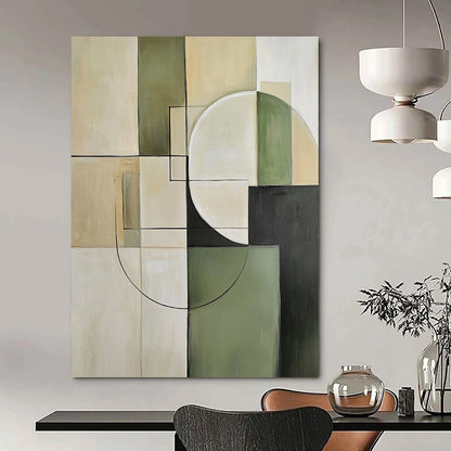 Contemporary hand-painted abstract artwork featuring minimalist beige and green tones with geometric squares and circles for a sophisticated aesthetic. DLZ0552
