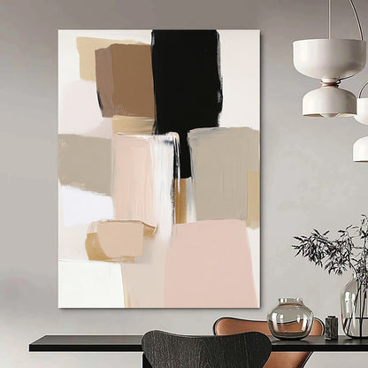 Contemporary abstract artwork featuring neutral tones with blush pink beige and sage green accents highlighted by thick brush strokes. DLZ0489