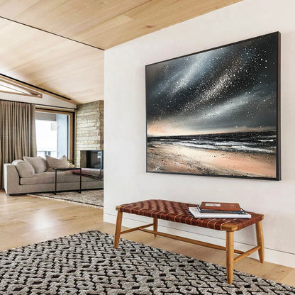 “Starry Beach Night” - Blacks, whites, beiges, silvers; Starry sky over a quiet beach; Mixed Media Painting On Canvas HB1183