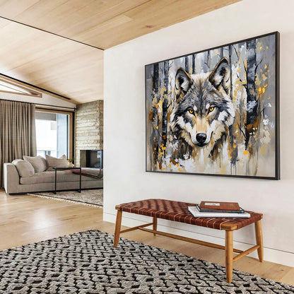 “Wolf in Forest” - Gray, brown, yellow, Realistic Animal Painting HB0636