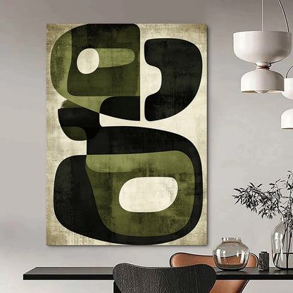 Contemporary hand-painted abstract art features organic shapes in olive green and black with a textured retro design reflecting mid-century modern aesthetics. DLZ0500