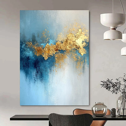 Contemporary hand-painted abstract artwork featuring gold leaf, soft light, blue tones, atmospheric clouds, and a mysterious shimmering texture. DLZ0336