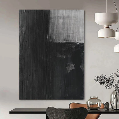 Contemporary abstract painting featuring a black and white oil depiction of an old film negative with a grainy eerie texture. DLZ1142