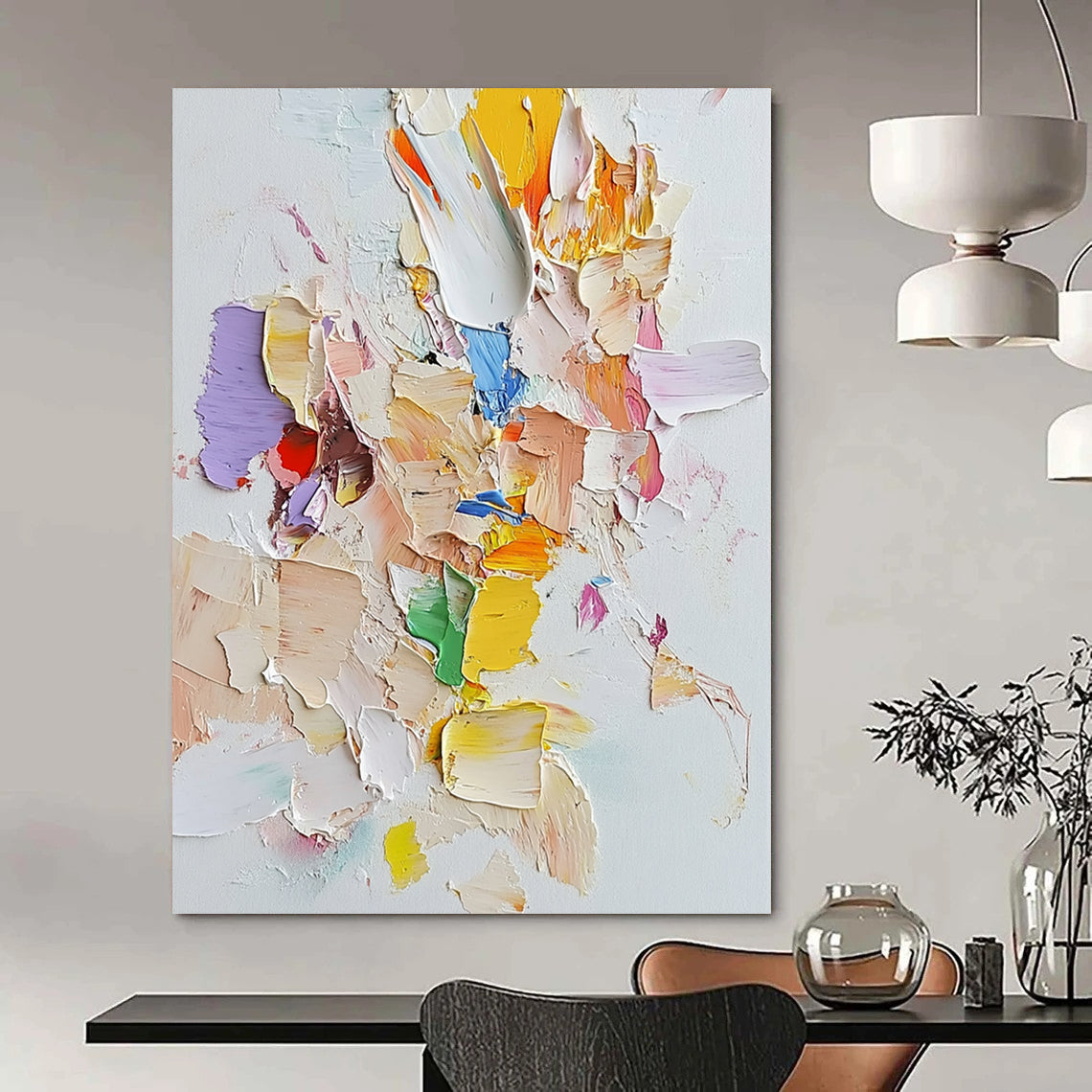 Contemporary abstract art featuring light pastels on white canvas with palette knife technique and assembled cut-out pieces for a unique textured effect. DLZ0882