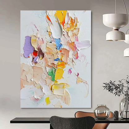 Contemporary abstract art featuring light pastels on white canvas with palette knife technique and assembled cut-out pieces for a unique textured effect. DLZ0882