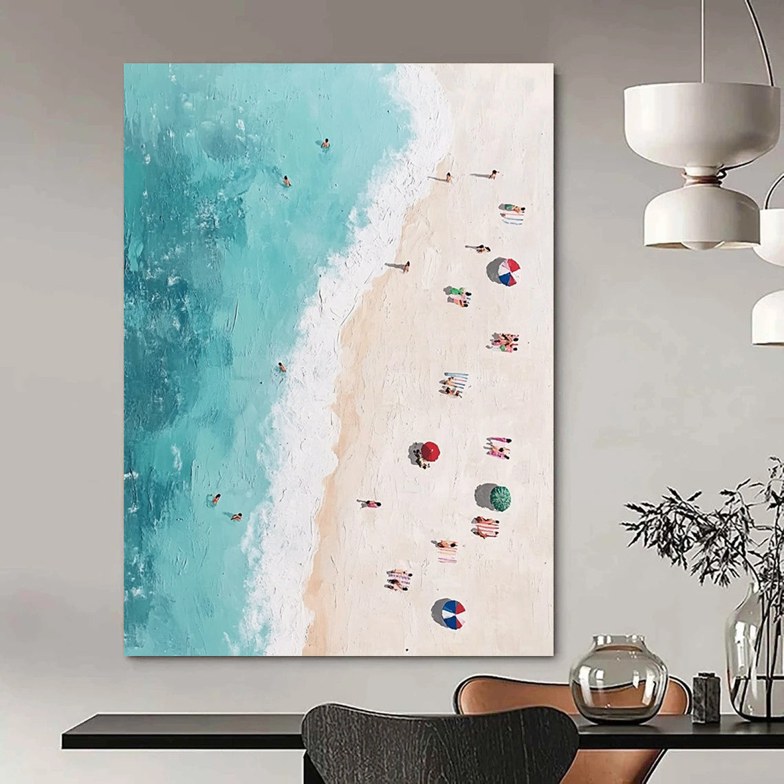Contemporary abstract painting featuring an aerial beach view with vibrant figures soft brush strokes and pastel tones inspired by Jean-Michel Basquiat. DLZ1402