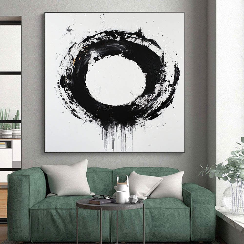 White, Black and Gold Abstract Circle "Dynamic Enso" Painting On Canvas HB366