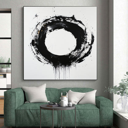 White, Black and Gold Abstract Circle "Dynamic Enso" Painting On Canvas HB366
