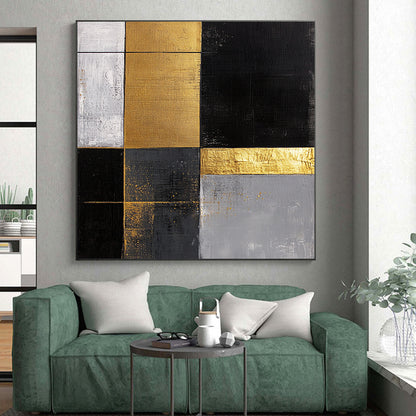 Black, White, Gold, Gray, Patchwork Squares "Gilded Mosaic Tiles" Abstract Minimalist Painting On Canvas HB162