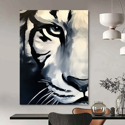 Contemporary abstract painting featuring a white tiger's face in dark tones against a grey background with vibrant brush strokes on canvas. DLZ1567