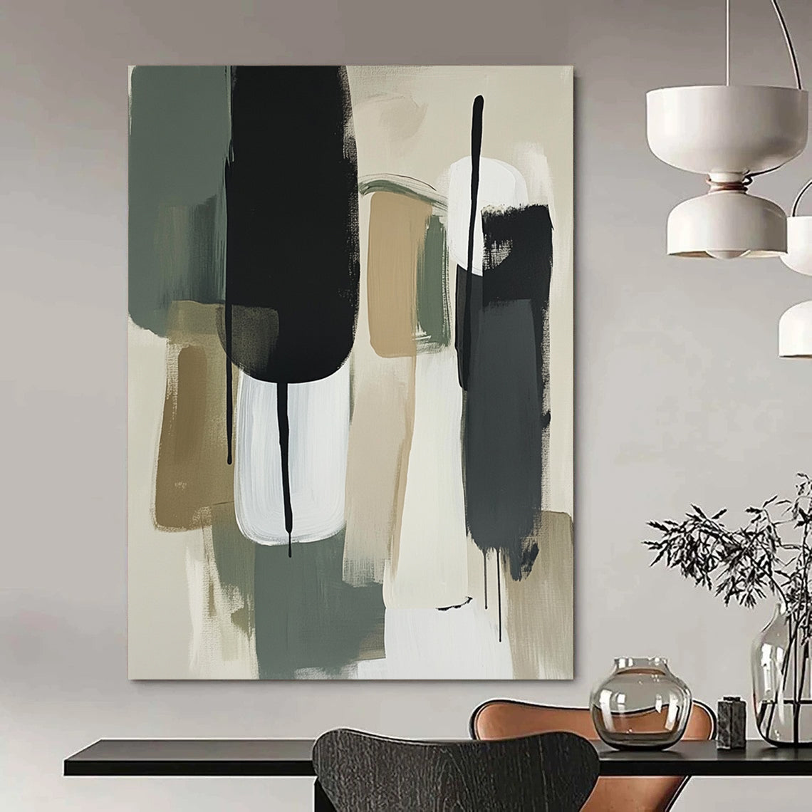 Contemporary hand-painted abstract artwork featuring thick brush strokes in sage green and white with neutral tones and striking black accents. DLZ0775