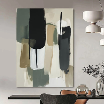 Contemporary hand-painted abstract artwork featuring thick brush strokes in sage green and white with neutral tones and striking black accents. DLZ0775