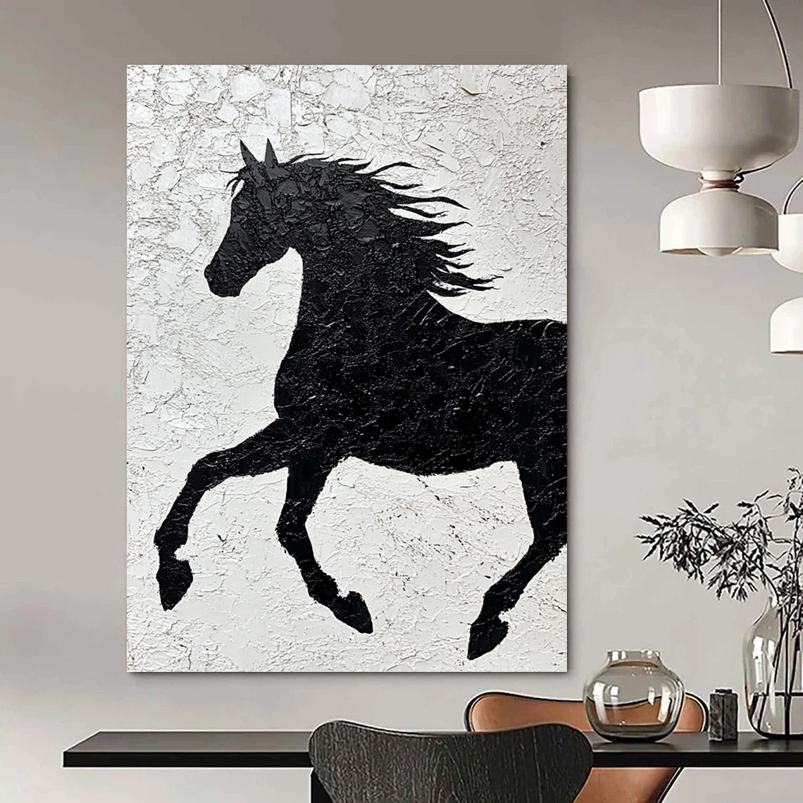 Contemporary abstract painting featuring a textured black horse silhouette on white paper emphasizing strength and freedom through impasto technique and expressive brushstrokes. DLZ1462