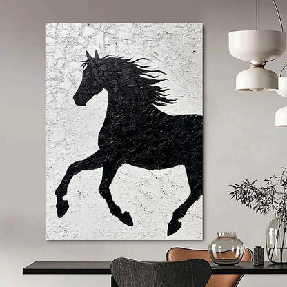 Contemporary abstract painting featuring a textured black horse silhouette on white paper emphasizing strength and freedom through impasto technique and expressive brushstrokes. DLZ1462